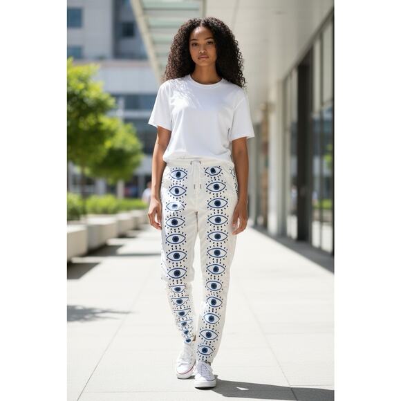 White Evil Eye Joggers Witchy Boho Whimsygoth Streetwear Festival Pants XL - Picture 2 of 12